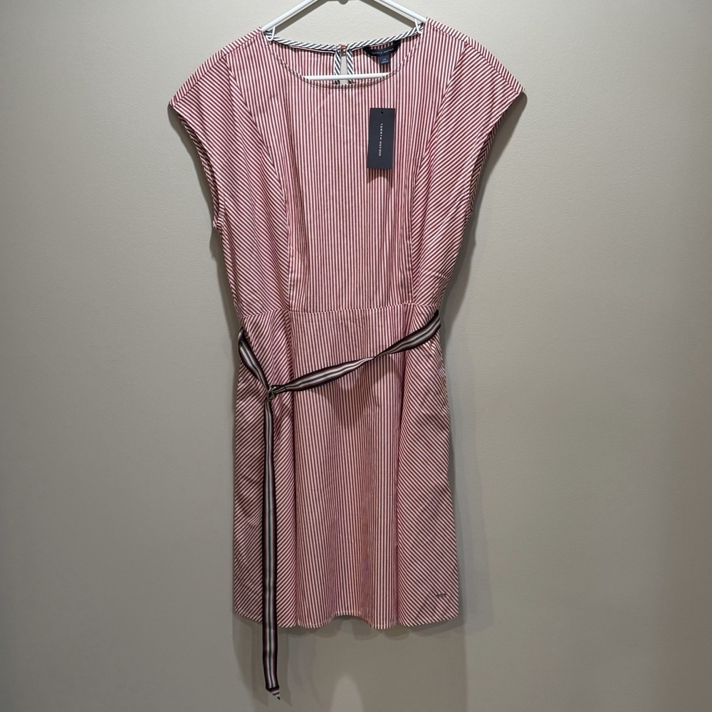 Tommy Hilfiger Womens Striped Dress Large Red White Belted Short‎ Sleeve NWT